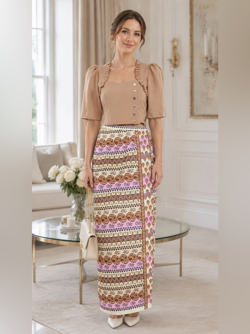 Women's Pink and Brown Printed Maxi Wrap Skirt